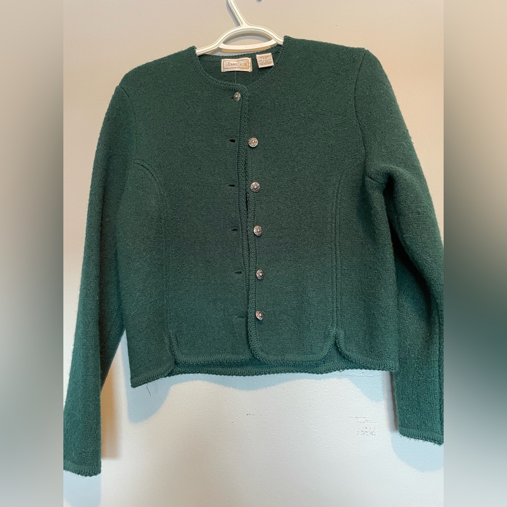 Laura Jean Classic Green Button-Up 100% Wool Sweater